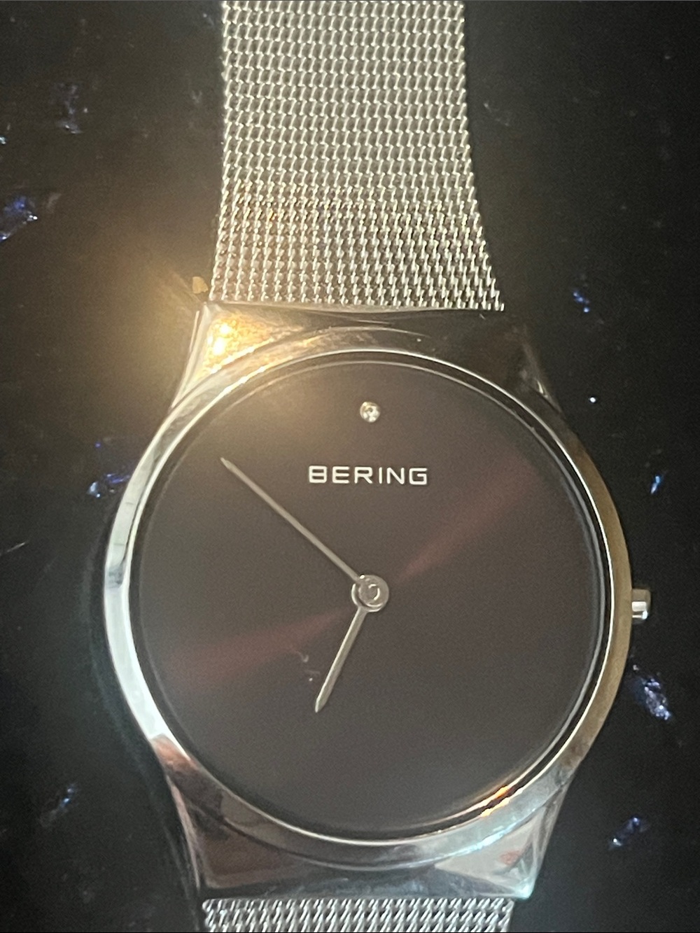 Bering Women Silver Mesh Watch with Black Dial